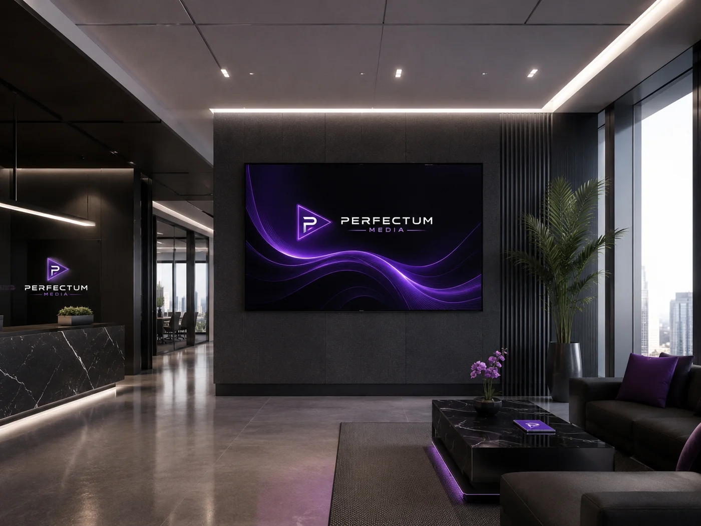 Ambiente corporativo premium com tela exclusiva Perfectum Media