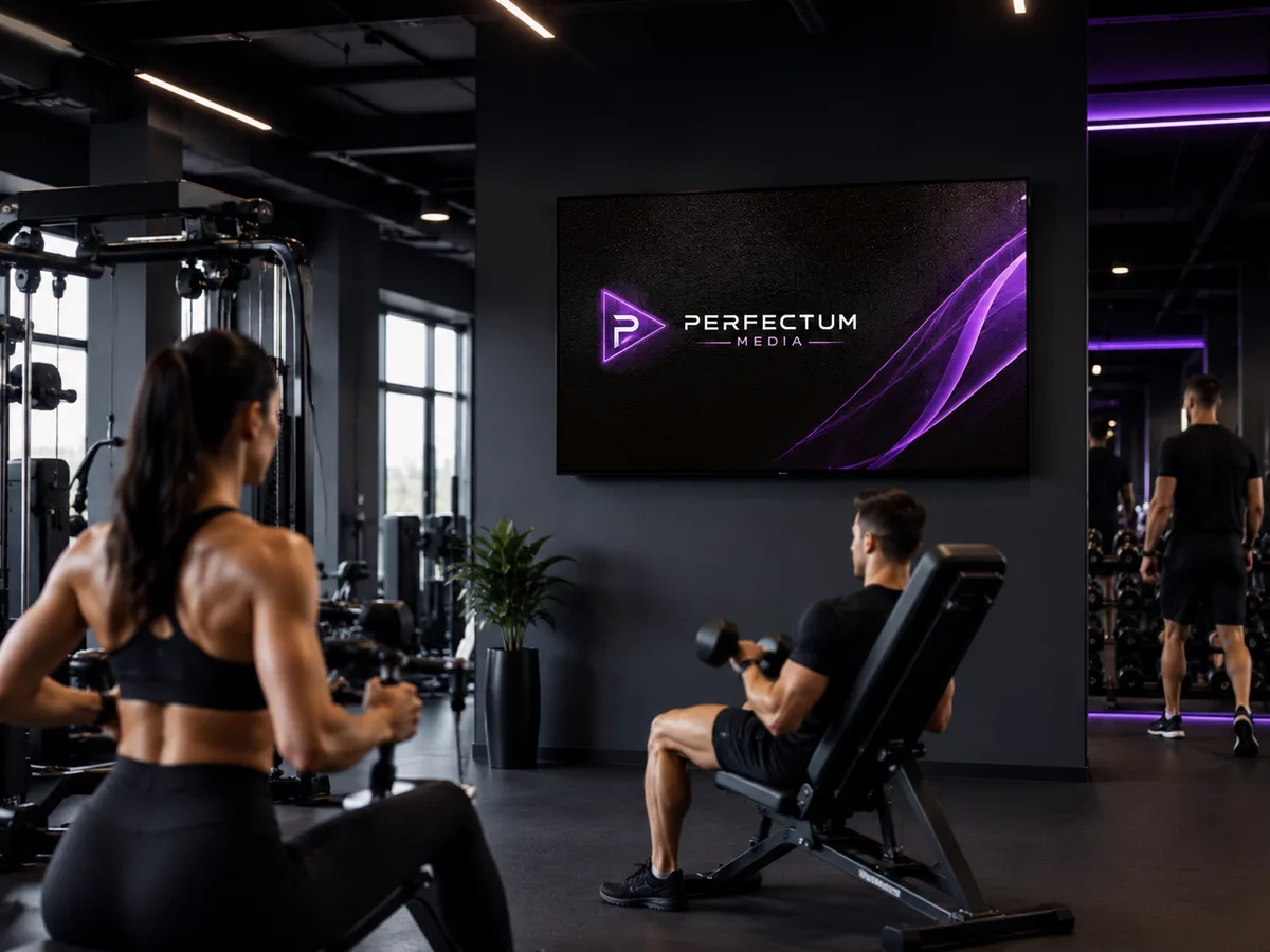 Demonstração visual premium em academia